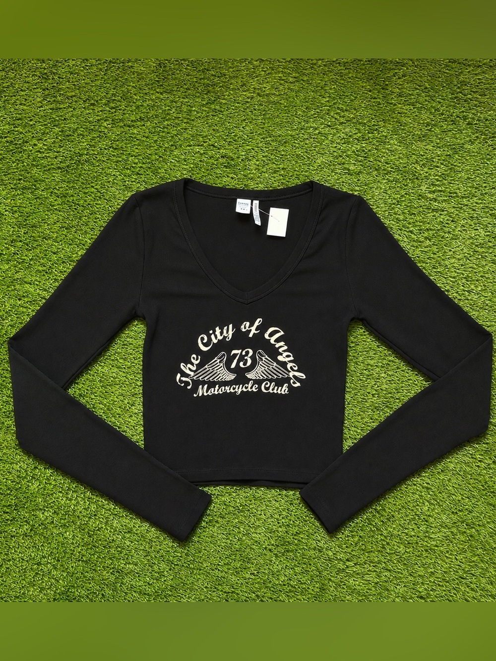 Twik City of Angels Graphic Long Sleeve Crop Top Size Small